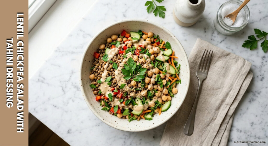 Lentil Chickpea Salad with Tahini Dressing