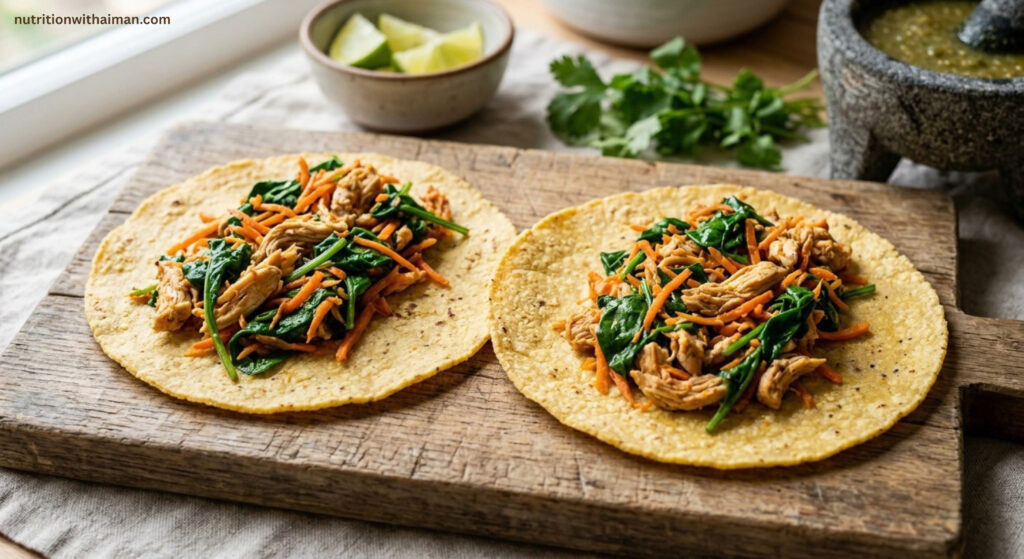 corn tortillas laid flat with chicken, spinach, and carrot filling
