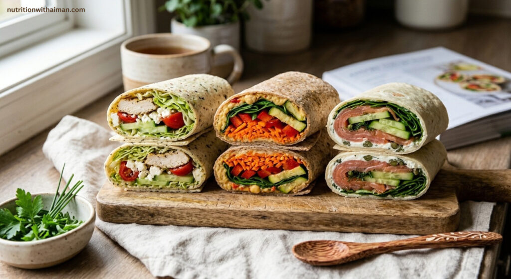 three wraps sliced in half showing colorful low FODMAP fillings