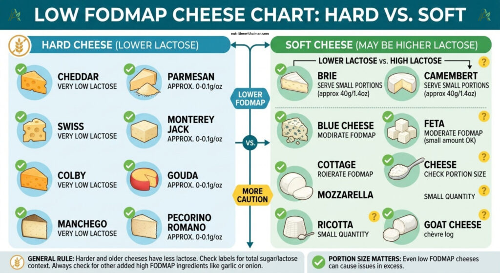 low FODMAP cheese chart — hard cheeses vs soft cheeses