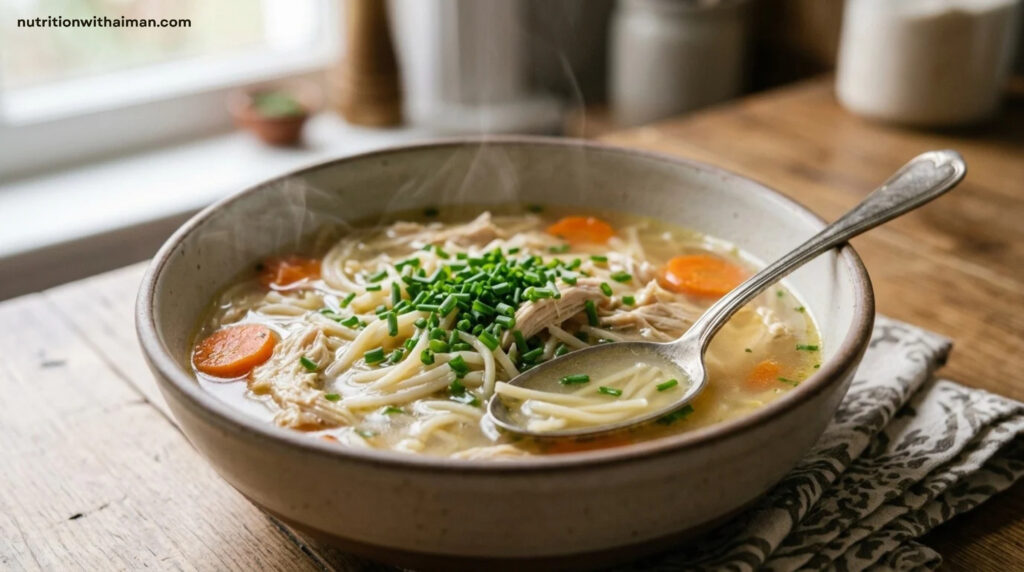 Low FODMAP Chicken Noodle Soup topped with chives